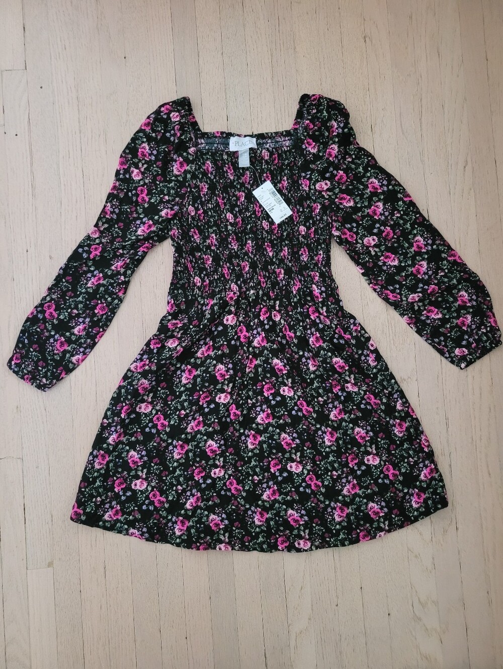 The Children's Place Black Floral Smocked Dress with Pink Roses